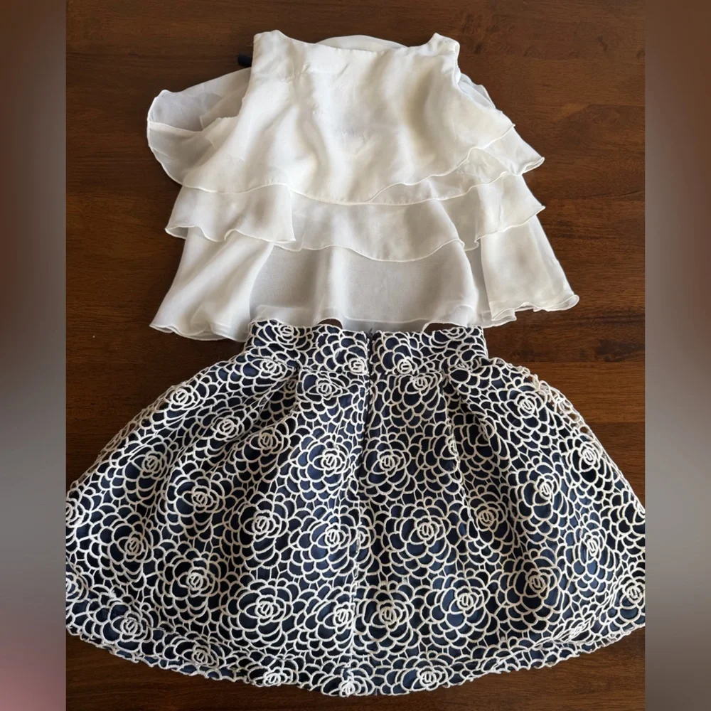 Girls Dress Outfit Set Lace Skirt & Ruffle Top Navy White Party Holiday Size 6Y